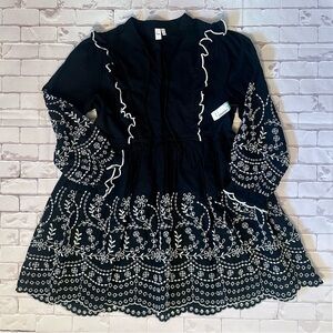 Black with White Embroidered Pattern Dress